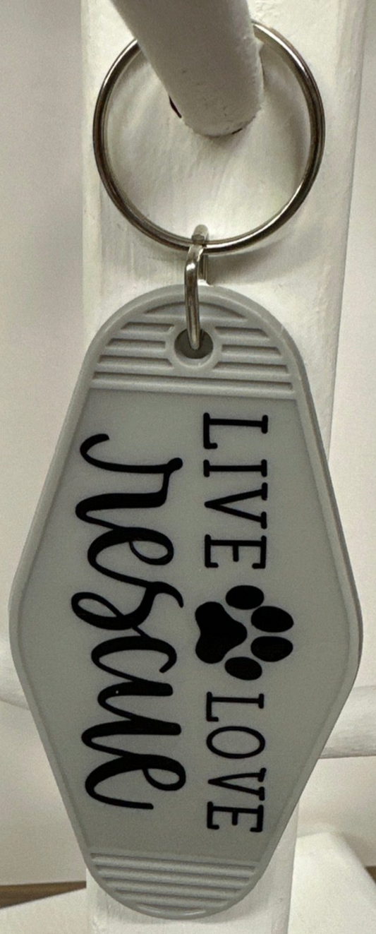 Vintage Inspired Motel Keychain Live Love Rescue Gray